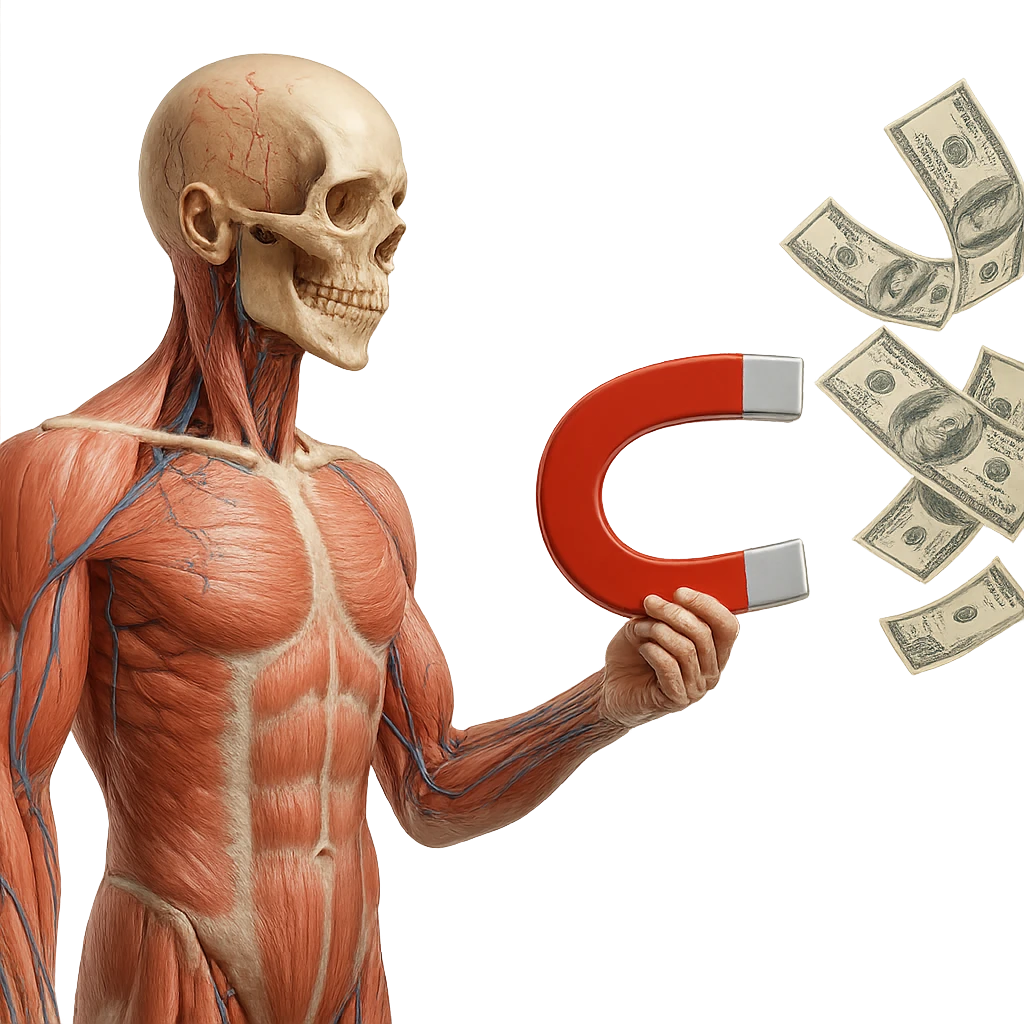 corpo umano anatomico con calamita rossa in mano che attira banconote, iperrealistica 4k, isolato su sfondo bianco emoji