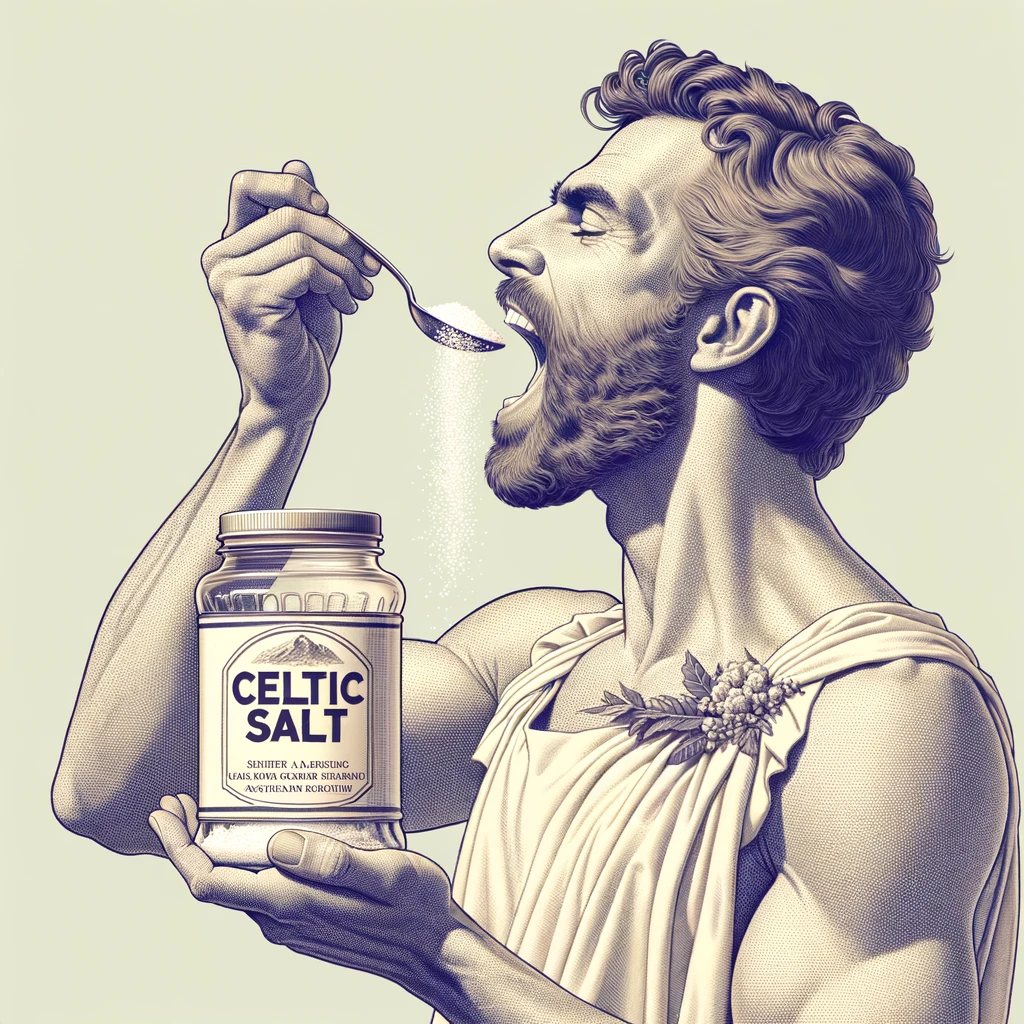 A REALISTIC ANATOMIC human body holding a jar with "CELTIC SALT" written on the label, he throws it in his mouth DURING BREAKFAST, NEUTRAL CLEAR BACKGROUND emoji