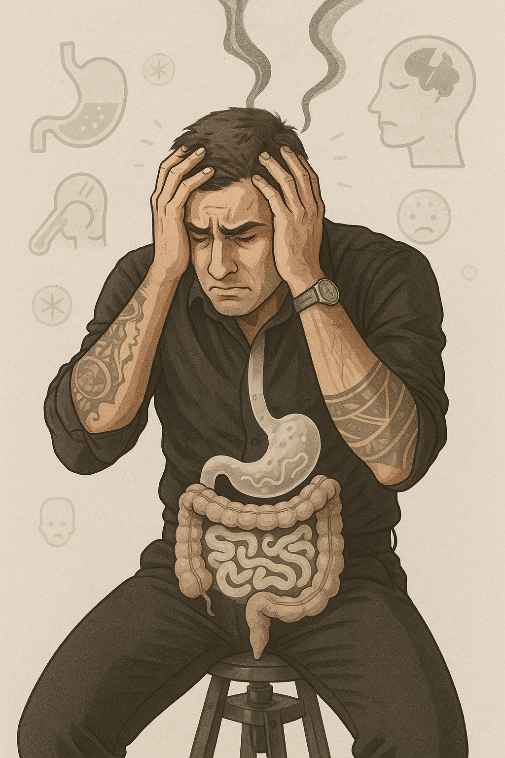 a person sits with a troubled expression, holding their head in their hands. A transparent overlay on their body reveals stylized images of parasites in the digestive tract, while faint, shadowy tendrils extend upward toward the brain, symbolizing the psychological impact. The background is clinical and educational, with subtle icons representing both physical and mental symptoms. emoji