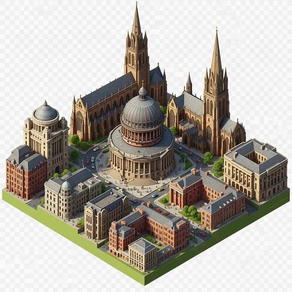 Isometric illustration-model of Birmingham with photorealistic main attractions, balanced between stylized and realistic, 3D miniature effect, transparent background. emoji