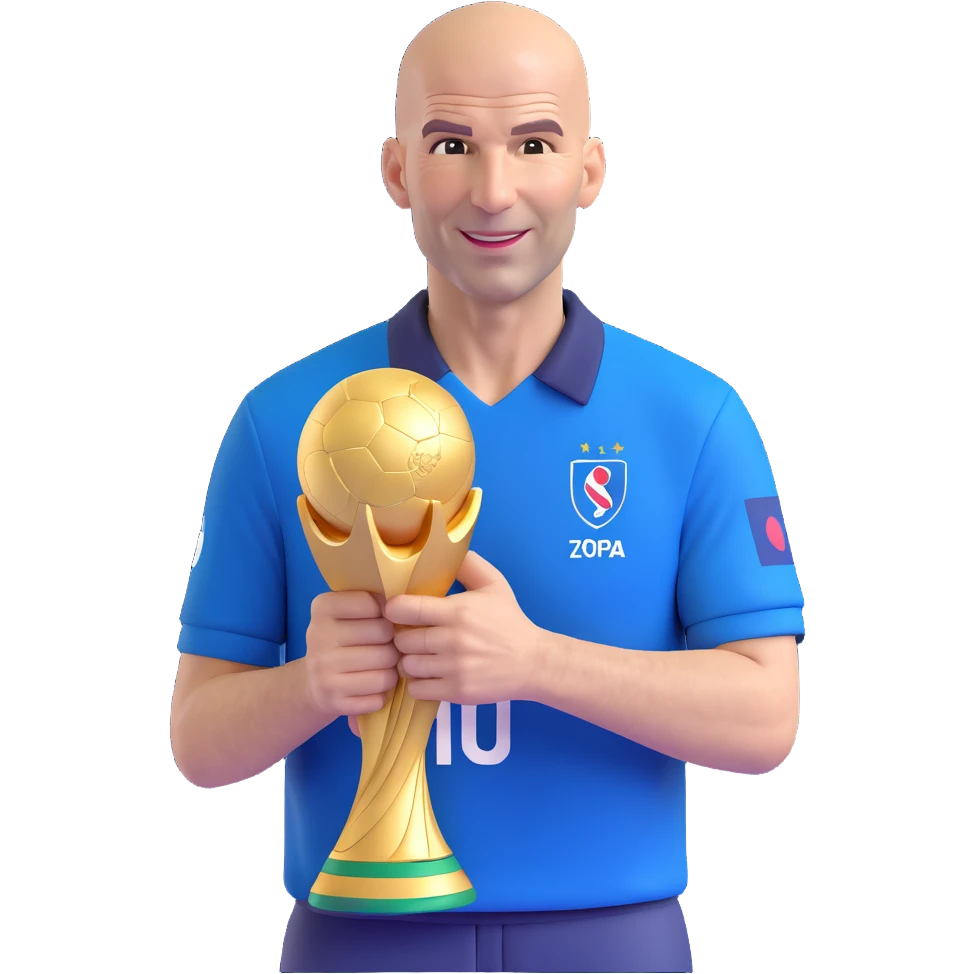 Zinedine Zidane, 1998, 3D emoji style, blue France shirt, number 10, holding the World Cup trophy, joyful face emoji