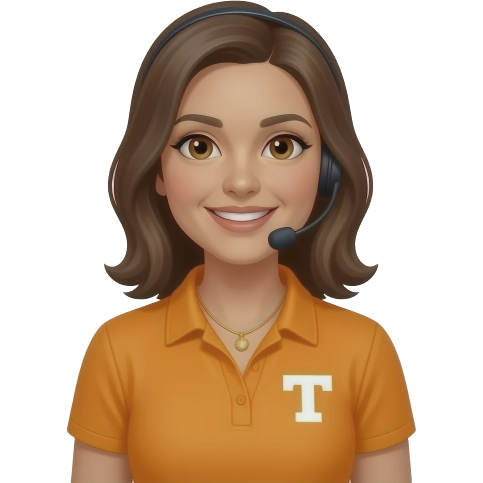 female customer service agent, friendly, 35 years old, casual, light tan, university of TN Fan, simplistic jewelry, emoji