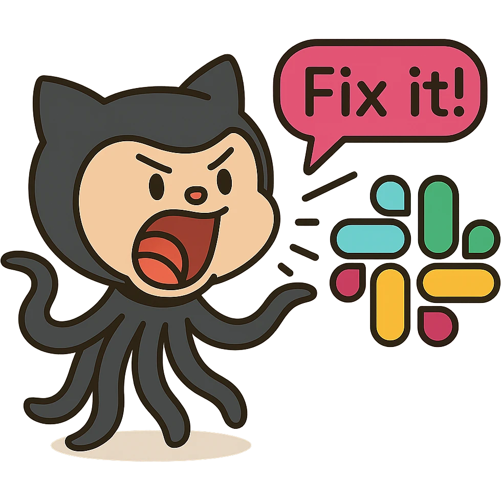Add a speech bubble with the text 'Fix it!' to the Octocat shouting at the Slack logo, keep the style consistent with lineal color icon with black outlines. emoji
