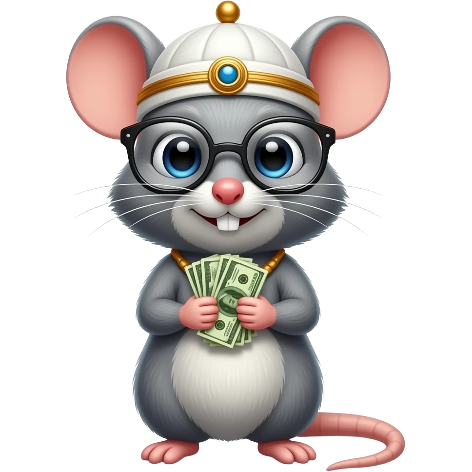 A Rat wearing a glasses and wearingheaddress worn by Muslim men and also by Indonesian men in general as a symbol of national identity grab a money emoji