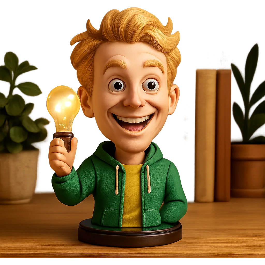 bright and expressive male visionary, fair skin, tousled golden hair, wide joyful eyes, wearing a green hoodie over a yellow tee, one hand raised with a glowing lightbulb, waist-up, front-facing emoji