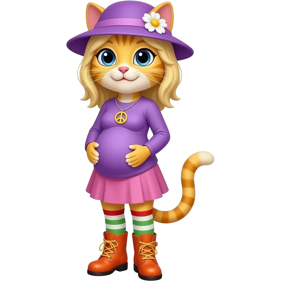 Yellow cat with blonde hair purple hat with white flower peace sign necklace  purple long sleeved shirt pink skirt  long red white green  socks orange boots with yellow buckles pregnant emoji
