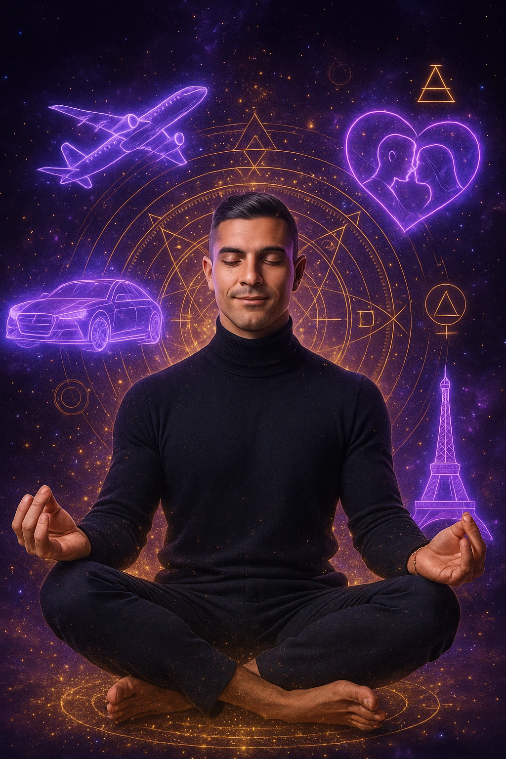 "Un uomo in meditazione fluttuante nello spazio cosmico, circondato da particelle dorate e simboli alchemici. Intorno a lui, oggetti e situazioni dei suoi desideri (auto, viaggi, amore) si materializzano come ologrammi luminosi. Stile cyber-mistico, colori viola e oro." emoji