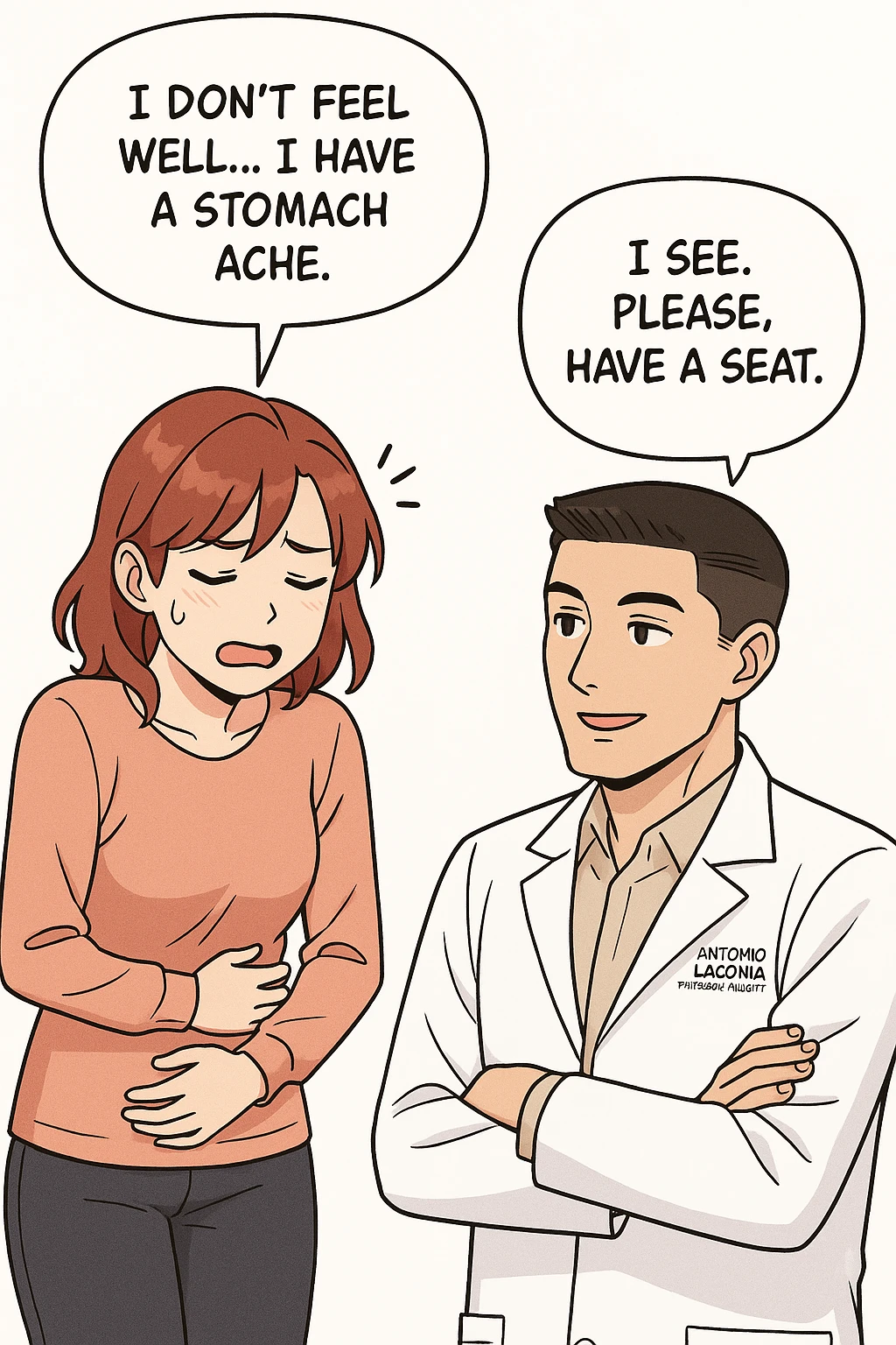su questo stile fai un manga/webtoon a colori in cui una donna si lamenta che sta male e ha mal di pancia, l'uomo della foto in stile manga gli risponde, ISOLATO SU SFONDO BIANCO emoji