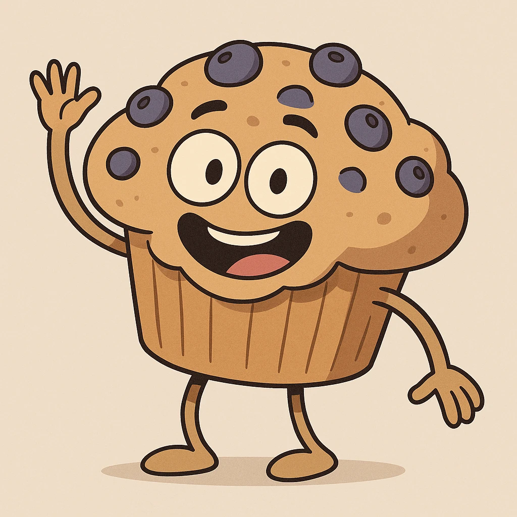 a blueberry muffin with arms, waving, cheerful expression, simple background emoji