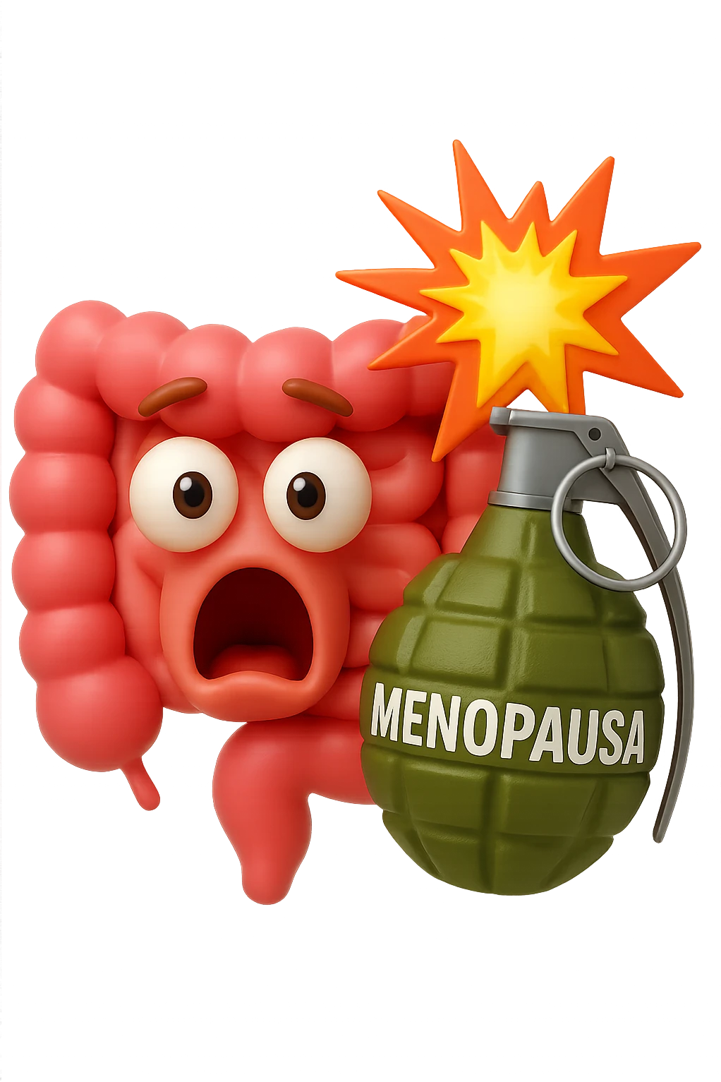 EMOJI STILE IPHONE 3D DI INTESTINO 3D CON ESPRESSIONE SCIOCCATA IN VOLTO MENTRE ACCANTO A LUI SCOPPIA UNA GRANATA 3D CON LA SCRITTA "MENOPAUSA" SOPRA, FAGLI ANCHE LA PARTE BIANCA DEGLI OCCHI, NON SOLO LA PUPILLA emoji