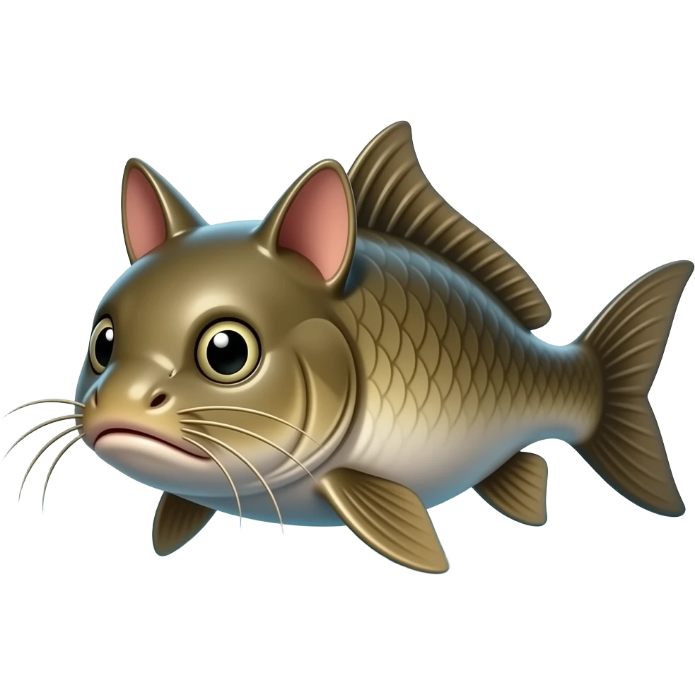 A humorous, exaggerated literal interpretation of “Catfish”. 
A fish with cat features like whiskers and ears swimming in water. 
Cartoonish, playful, colorful, 3D illustration, funny concept. 
Clean background, center composition, no text, no watermark. emoji
