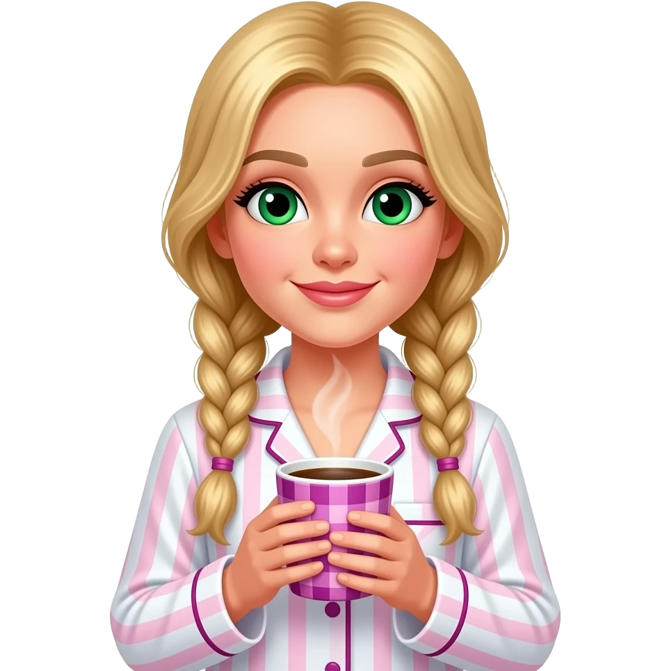 A blonde girl with long braided hair and green eyes, wearing white pajamas with pink stripes similar to those from Victoria's Secret, is having coffee wrapped in a pink and purple checkered sheet. emoji