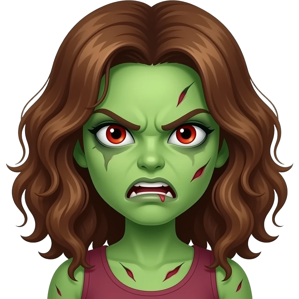 Uma menina zumbi de pele verde, cabelo grande marrom ondulado, olho vermelho, raiva emoji