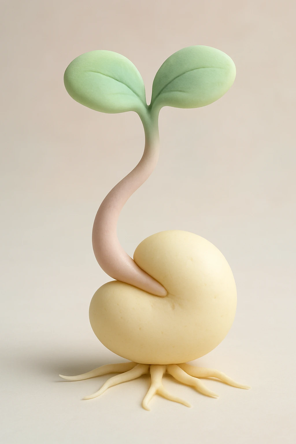 single bean sprout with roots, fondant cake art style, soft pastel colors, no text emoji