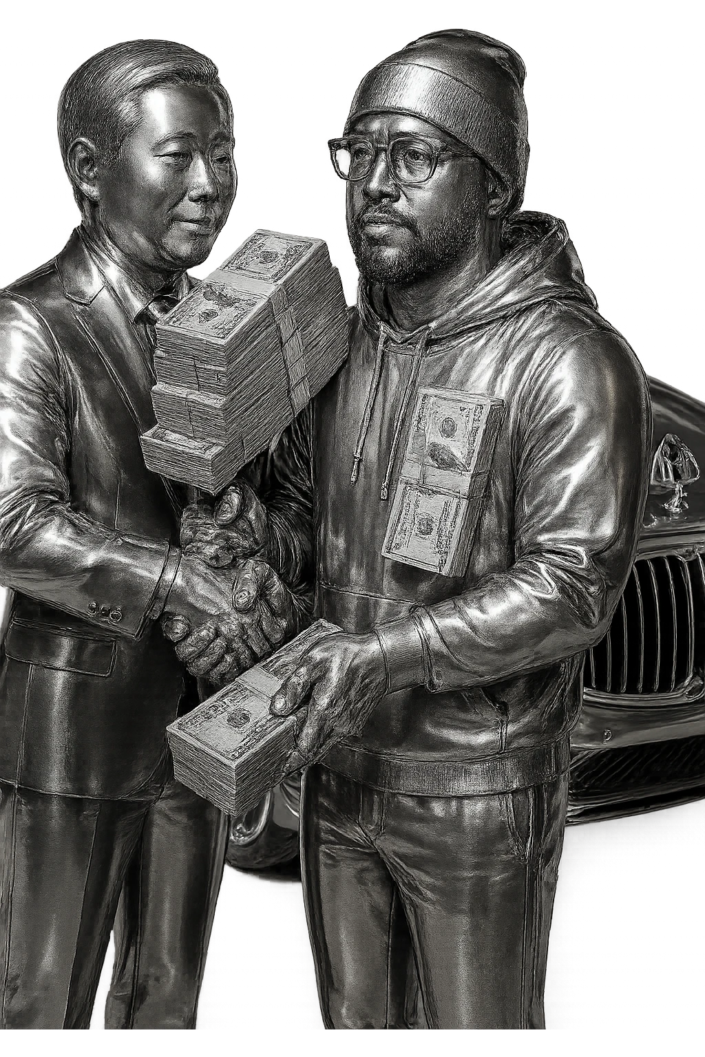 Edit the image to have just one stack of money being held between the two men shaking hands. Keep the chrome style, Maybach in the background, and transparent background. All other details remain the same. emoji