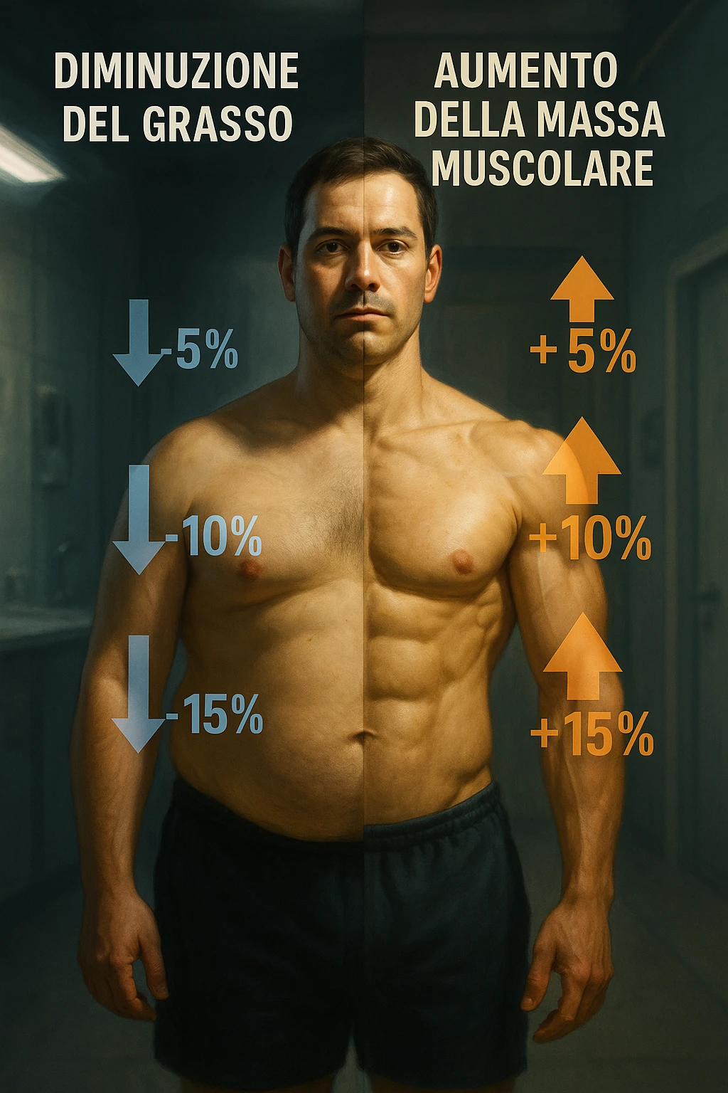 realistic and cinematic illustration of a human body divided in two halves: left side showing decreasing body fat with downward arrows and numbers, right side showing increasing lean muscle mass with upward arrows and numbers, clinical atmosphere with dramatic lighting, captions and numbers in Italian, aspect ratio 2:3 emoji