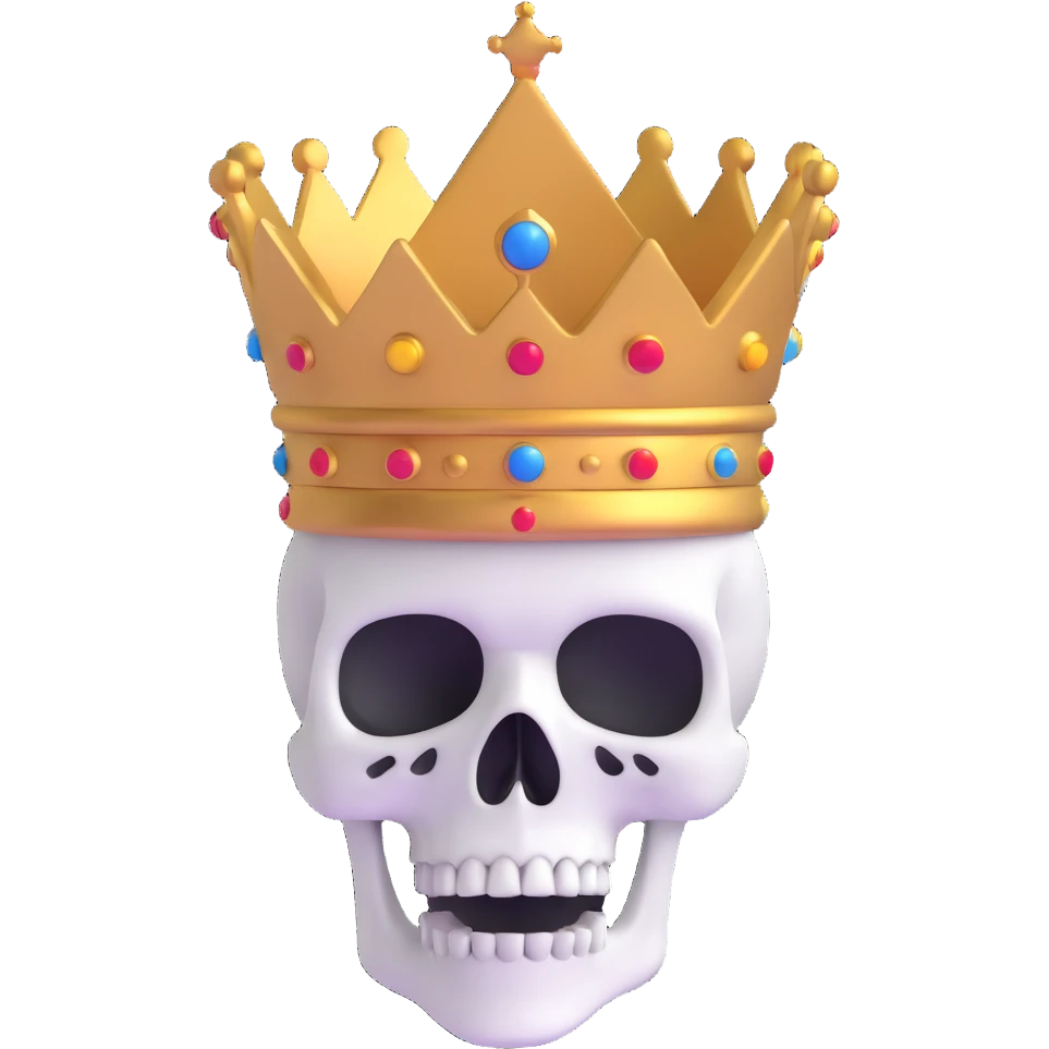 A shocked skull with a crown on top, both hands raised pressing on its head in disbelief, black and white emoji