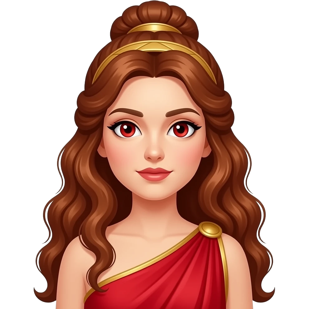 Vesta from Roman Mythology with red eyes, long reddish brown wavy updo hair, red chiton dress, gold headscarves emoji