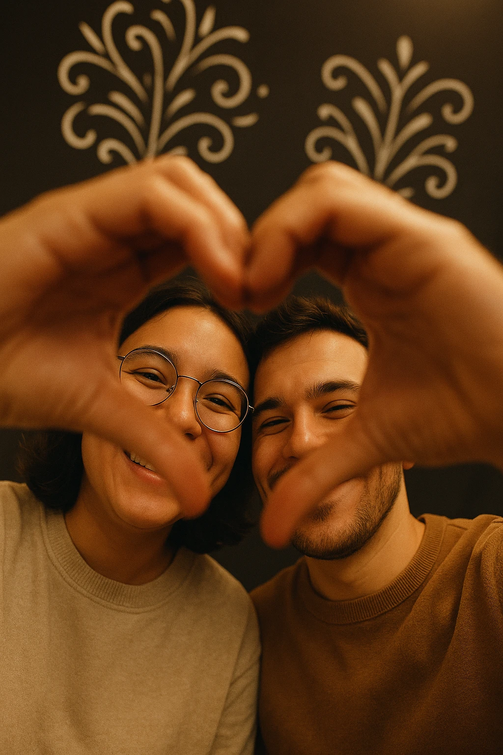 Two smiling people taking a selfie from a low angle, faces framed by their hands forming a heart shape in the foreground. One person wears round glasses, the other has a small beard and a mischievous smile. Hands joined at the center forming a clearly visible heart. Soft lighting, warm ambiance. White graphic decor on a dark background. emoji
