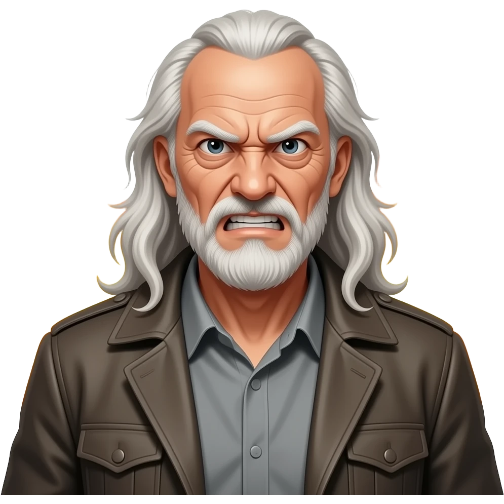 An old thin man with a very long hair and a bald spot on the top of his head, very wrinkled, a furious expression on his face, a gray old shirt and massive jacket, fire in the background, portrait, centered, 3D glossy emoji style, clean background emoji
