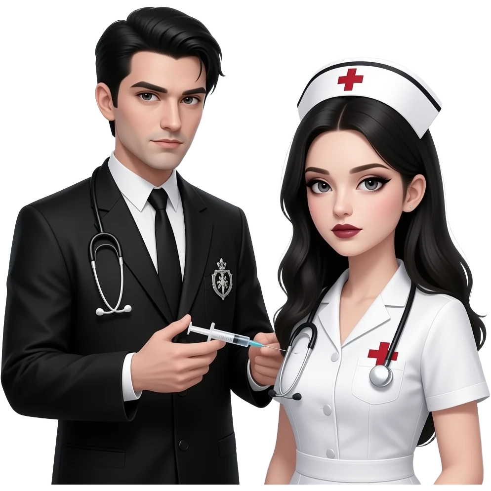 Sexy  gothic male doctor injecting a sexy gothic female nurse with syringe emoji