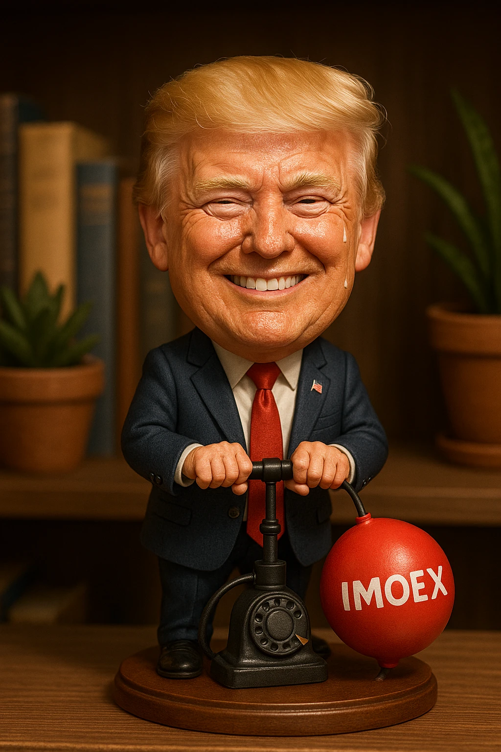 Дональд Трамп  улыбается в поте лица качает через насос в виде старого телефонного аппарата, который подключен к надувающемуся красному шарику, который символизирует фондовый рынок и на нём написано IMOEX emoji