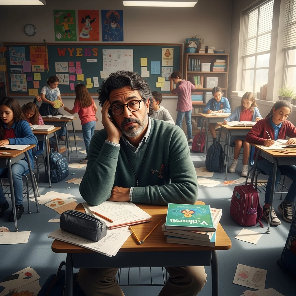 exhausted teacher in a bustling classroom emoji