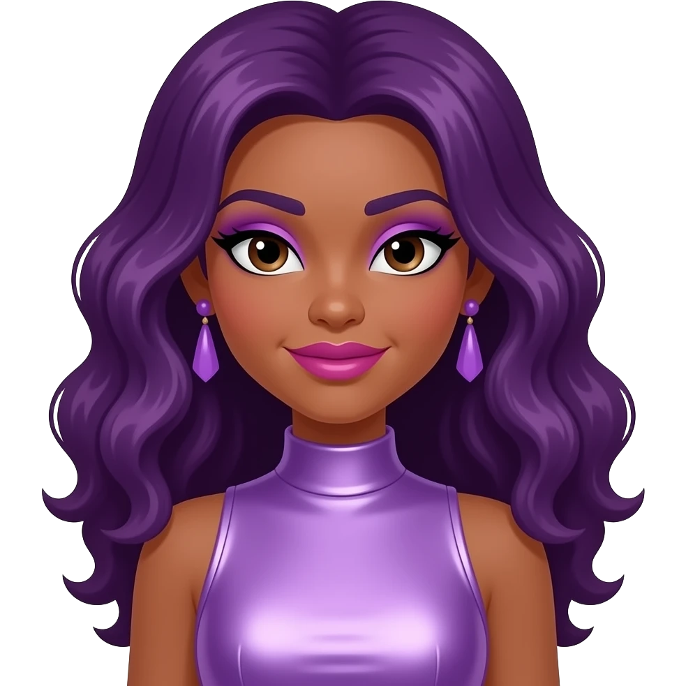 Shana from Jem and the Holograms with dark skin, dark brown eyes, long purple 80s rocker curly hair, purple eyeshadow, hot pink lipstick, lilac metallic high neck dress, lavender earrings emoji
