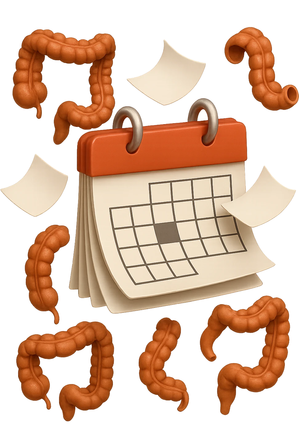 emoji stile iphone di un calendario con fogli che volano insieme a pezzi anatomici di colon umano, iperrealistico 4k, isolato su sfondo bianco emoji