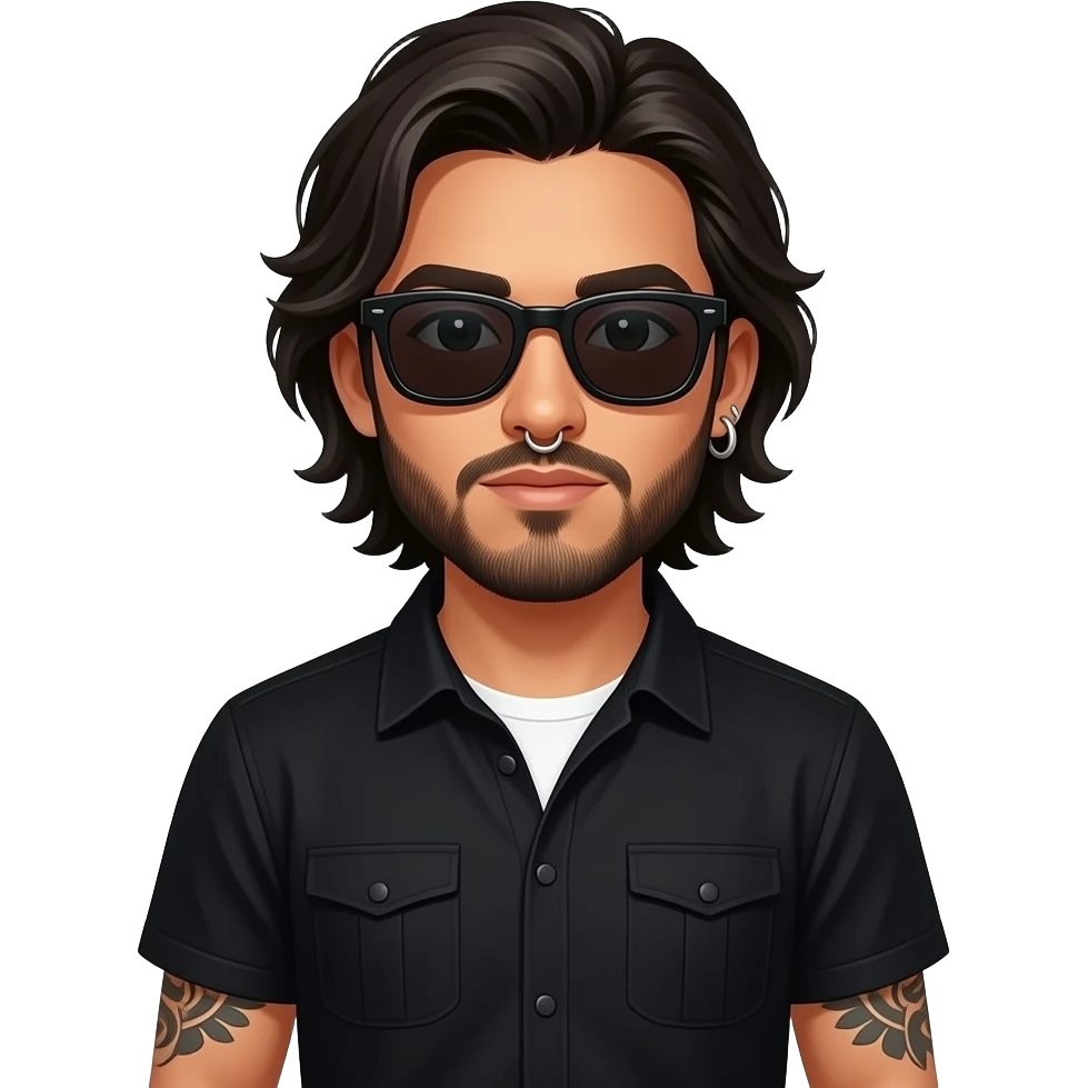 A handsome Latino man with medium length hair and beard and tattoos with a nose hoop and an earring hoop wearing all black with a white undershirt and black sunglasses emoji