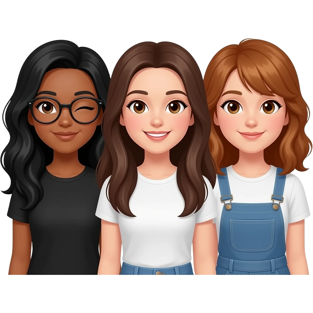 3 girls, first girl: black long wavy hair, tan, brown eyes, round black glasses, winking , second girl: brown long straight hair, hazel eyes, white skin, happy expression, third girl: hazel eyes, brown-ginger mid length hair, smirking emoji