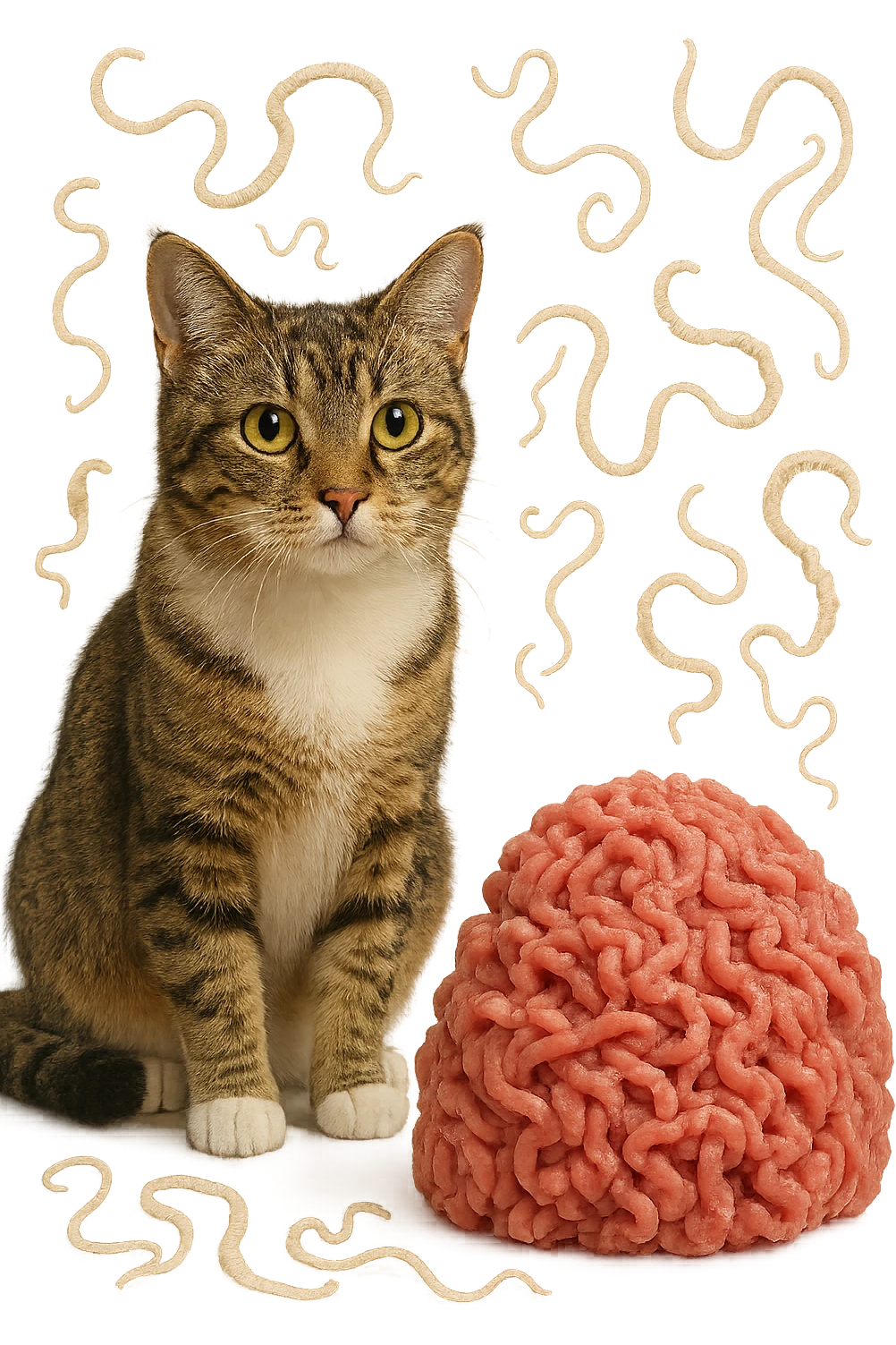 gatto stupendo e macinato di carne poco cotta a montagnetta stanno l'uno accanto all'altro con dei parassiti come la tenia che gli fluttuano intorno, iperrealistica 4k emoji
