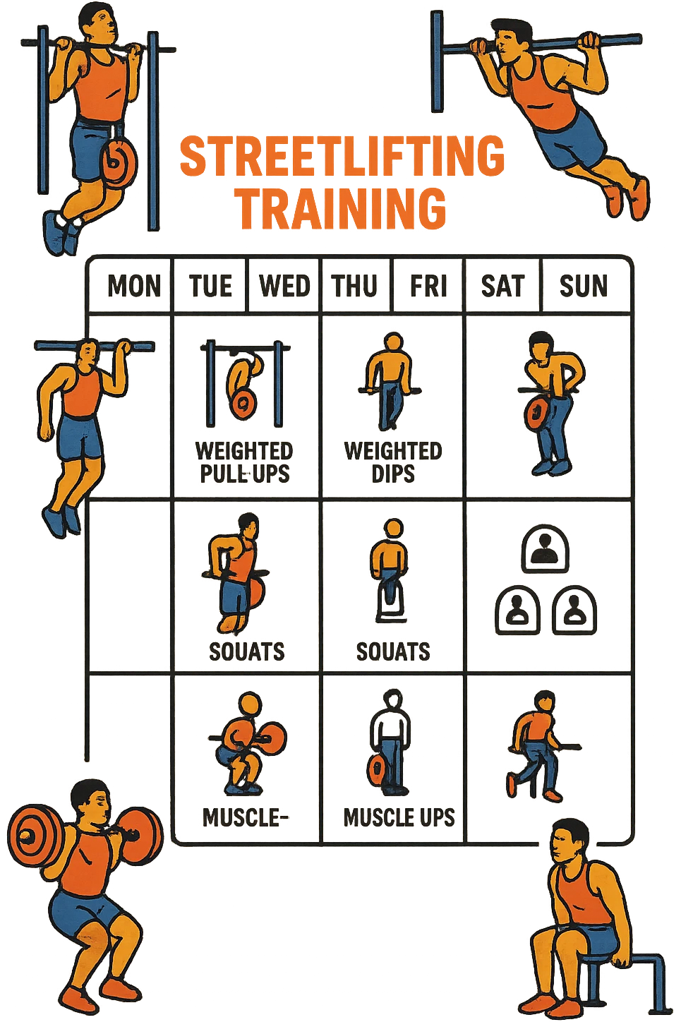 a streetlifting training sheet with icons for each exercise—weighted pull-ups, weighted dips, squats, muscle-ups—organized in a weekly schedule. Around the sheet, small illustrations show athletes performing each movement with proper form. The color palette is bold and energetic, and the background is clean and minimal. emoji