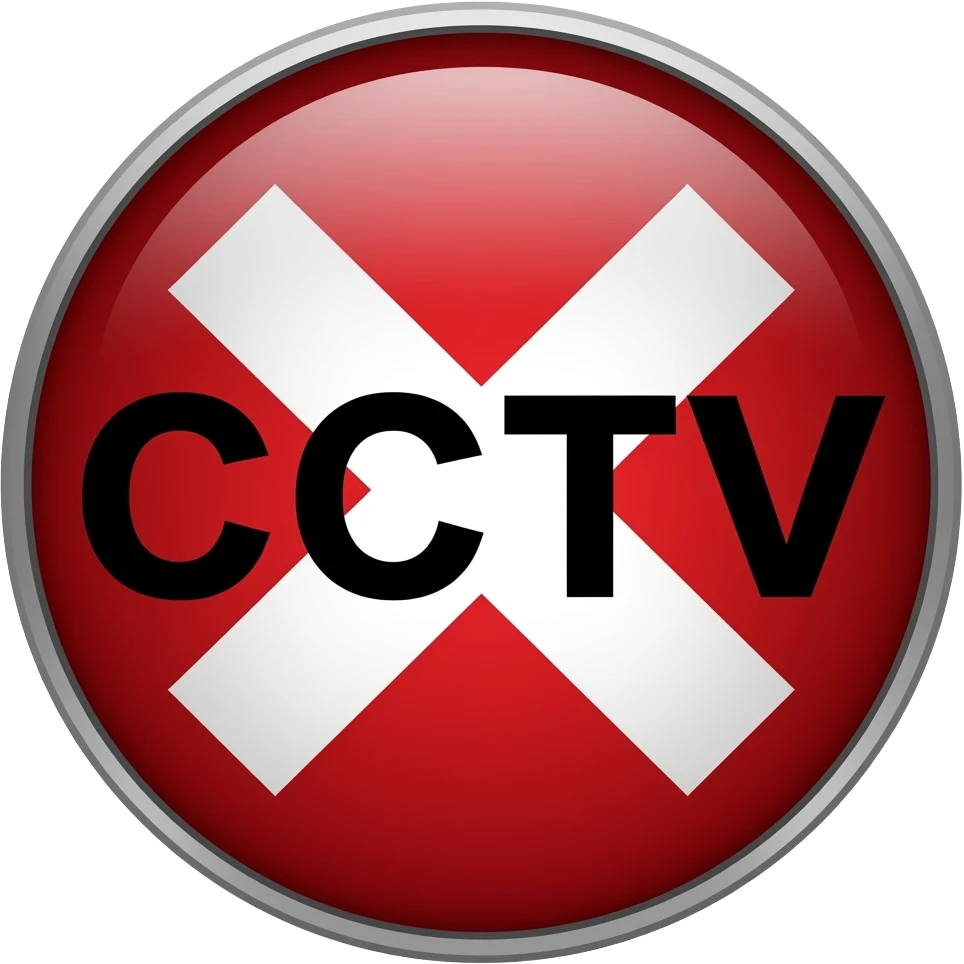 Red filled circle with white X and arrow on all end points on the X white circle in the middle. Big bold CCTV word in the centre in black emoji