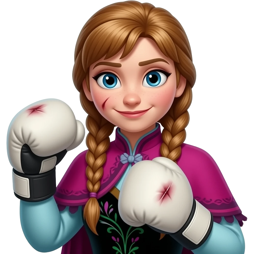 female breast boxing, brown two braided haired female anna arendelle, from disney frozen, have bruised emoji