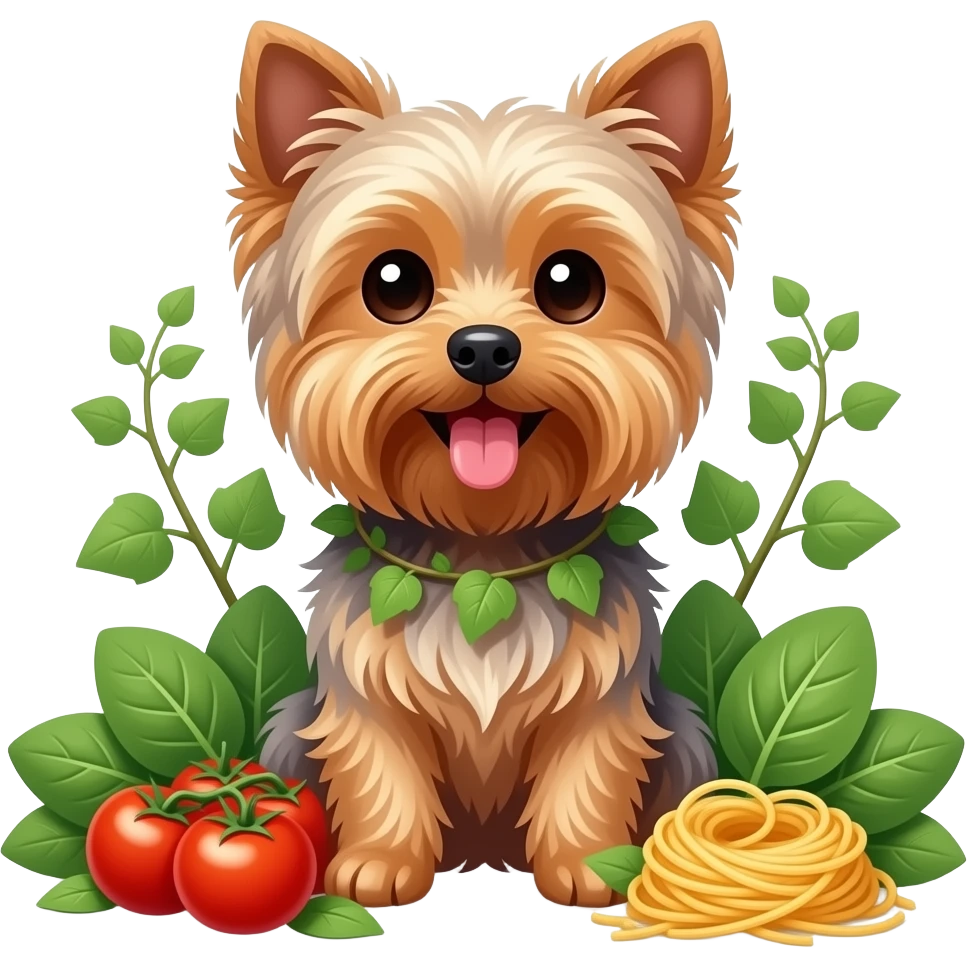 Yorkie dog smiling tongue out sitting among ivy, tomatos, spinach and pasta emoji