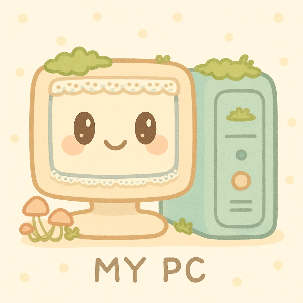 'My PC' icon in cottagecore style: quaint computer tower and monitor with moss, tiny mushrooms, delicate lace, soft earthy tones, peaceful rural cottage atmosphere emoji