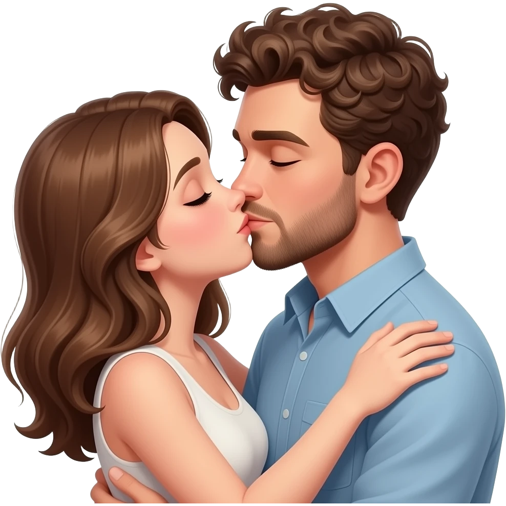 Realistic white man brown super short curly hair with beard kissing passionately and hugging realistic white girl brown hair emoji