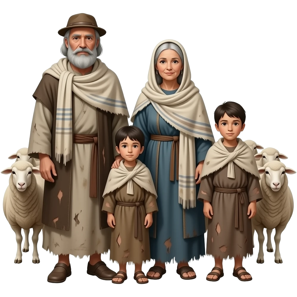 A Jewish nomadic family with an old man old woman and 2  children, wearing old tattered draped clothing from biblical times with sheep emoji