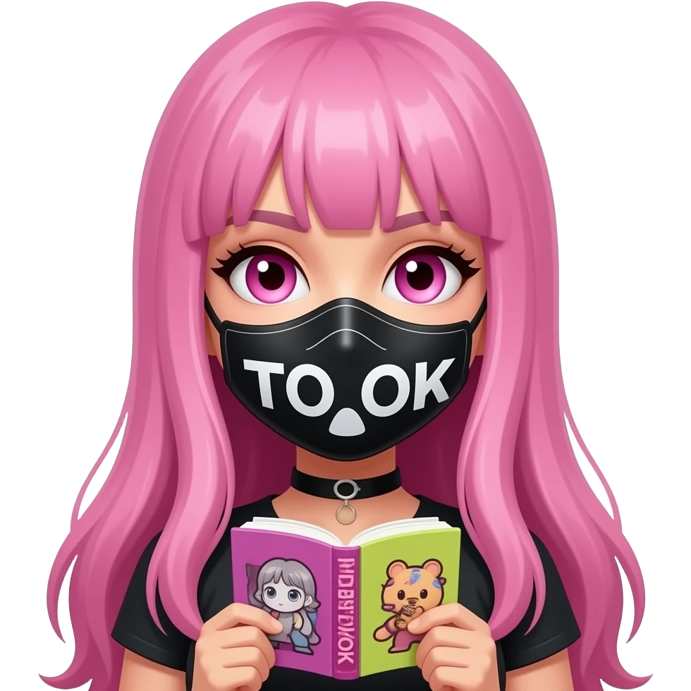 sexy girl with long pink hair and pink eyes holding a BOOKTOK BIKETOK MASKTOK emoji