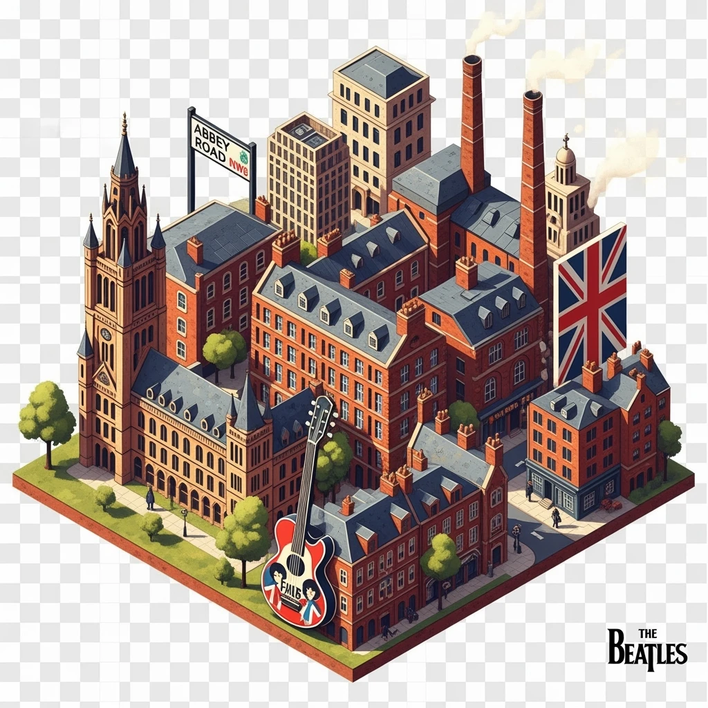 Isometric illustration of Manchester and Liverpool combined, Beatles references (Abbey Road sign), Manchester Town Hall, a Union Jack guitar and brick building in a miniature, toy-style factories, balanced between stylized painting and realistic,  transparent background emoji