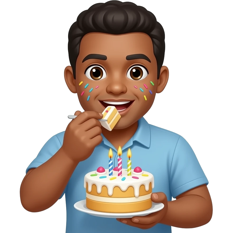 Light skinned man eat birthday cake with icing on his face emoji