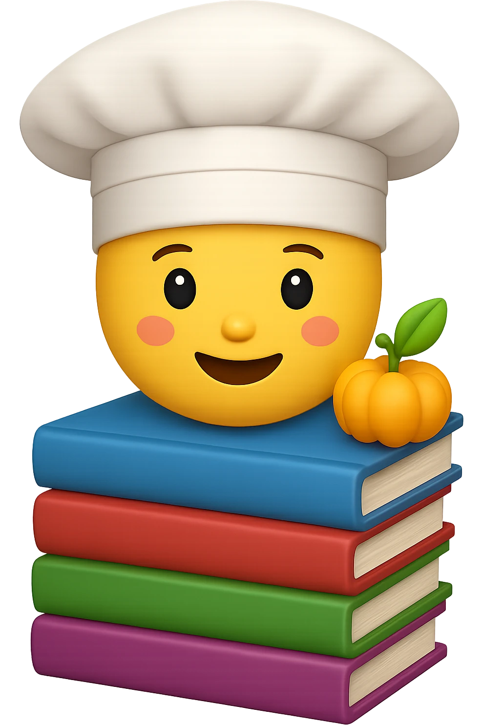 Create an emoji style image of a chef hat on top of a stack of different cookbooks. The style should resemble apple style emojis with clear, concise details and vibrant colors. emoji