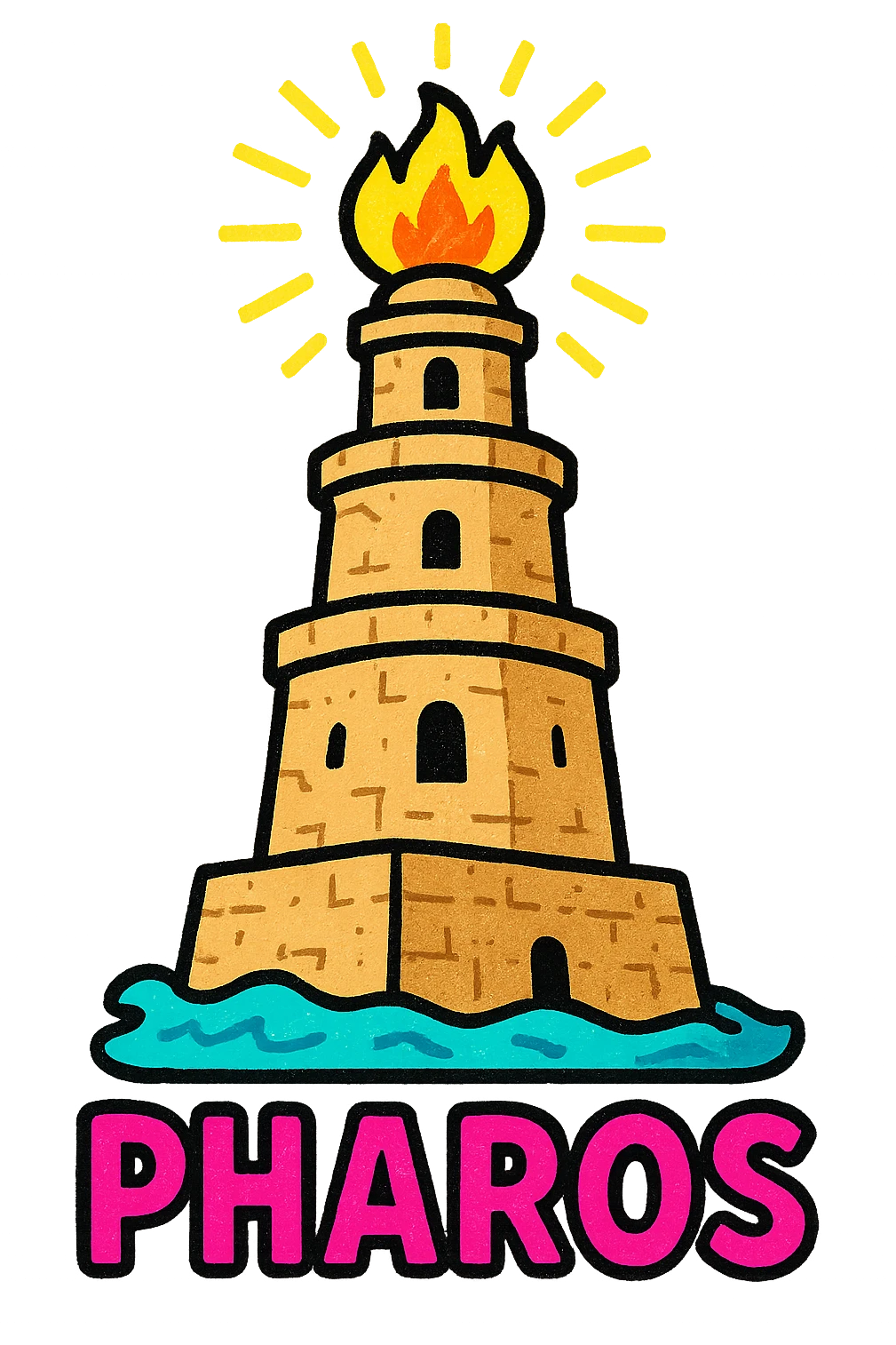 A three-tiered ancient tower named Pharos with a squared base, octagonal middle, and cylindrical top. The tower has a stone texture with slight cracks and wear. Each level has small windows or arches. At the top, there is a glowing fire or torch with gold/yellow and orange rays. The base of the tower is surrounded by blue waves lapping at it. The color palette consists of sandstone (beige/tan) for the tower, turquoise/blue for the sea, and warm gold for the fire. The style should be a simple, clean icon with clear lines and minimal details, focusing on the structure and key elements. emoji
