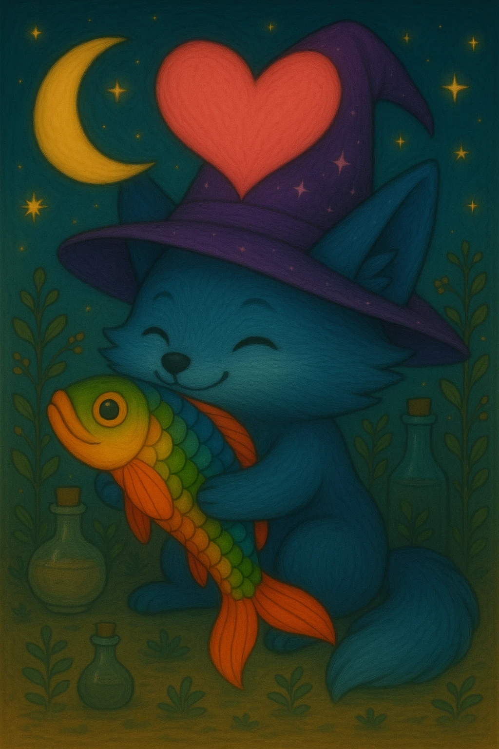 Change the witch hat on the blue fox to purple and add sparkles to the hat, keep the magical, witchy background and big pink heart, in ghibli style. emoji