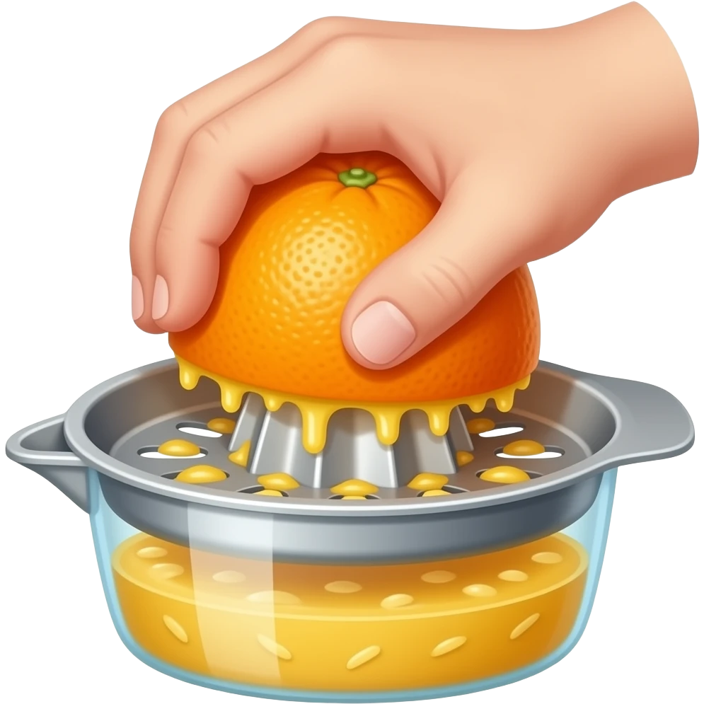 A close-up of hand squeezing half an orange on a citrus juicer.  Fresh orange juice is dripping down while the hand presses firmly.  The metal juicer is placed on a container filled with juice and pulp emoji