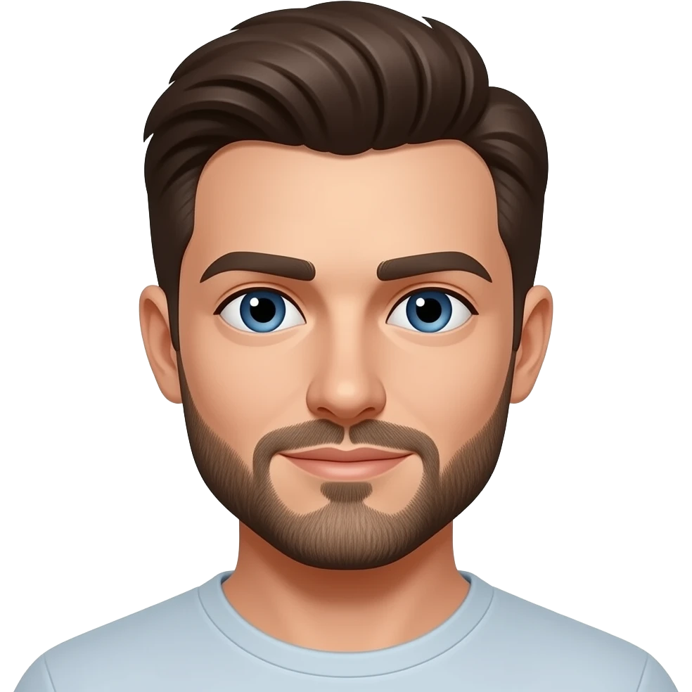 White male with dark brown hair, blue eyes, short and trimmed beard and mustache emoji