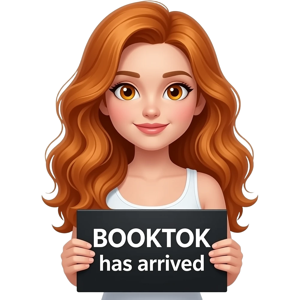 sexy girl with long wavy ginger hair and ginger eyes wearing a white tanktop is holding a black colored sign with BOOKTOK has arrived written on it emoji