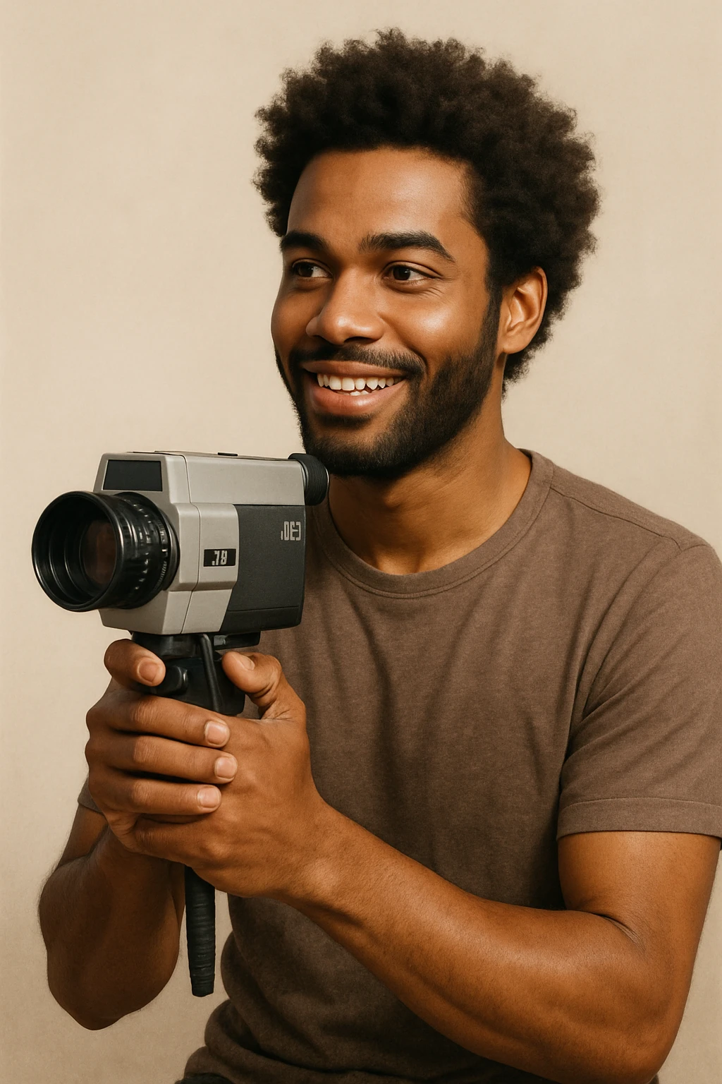 realistic illustration of a person of color holding a Super 8 camera, neutral background, friendly expression, clear detailed camera emoji