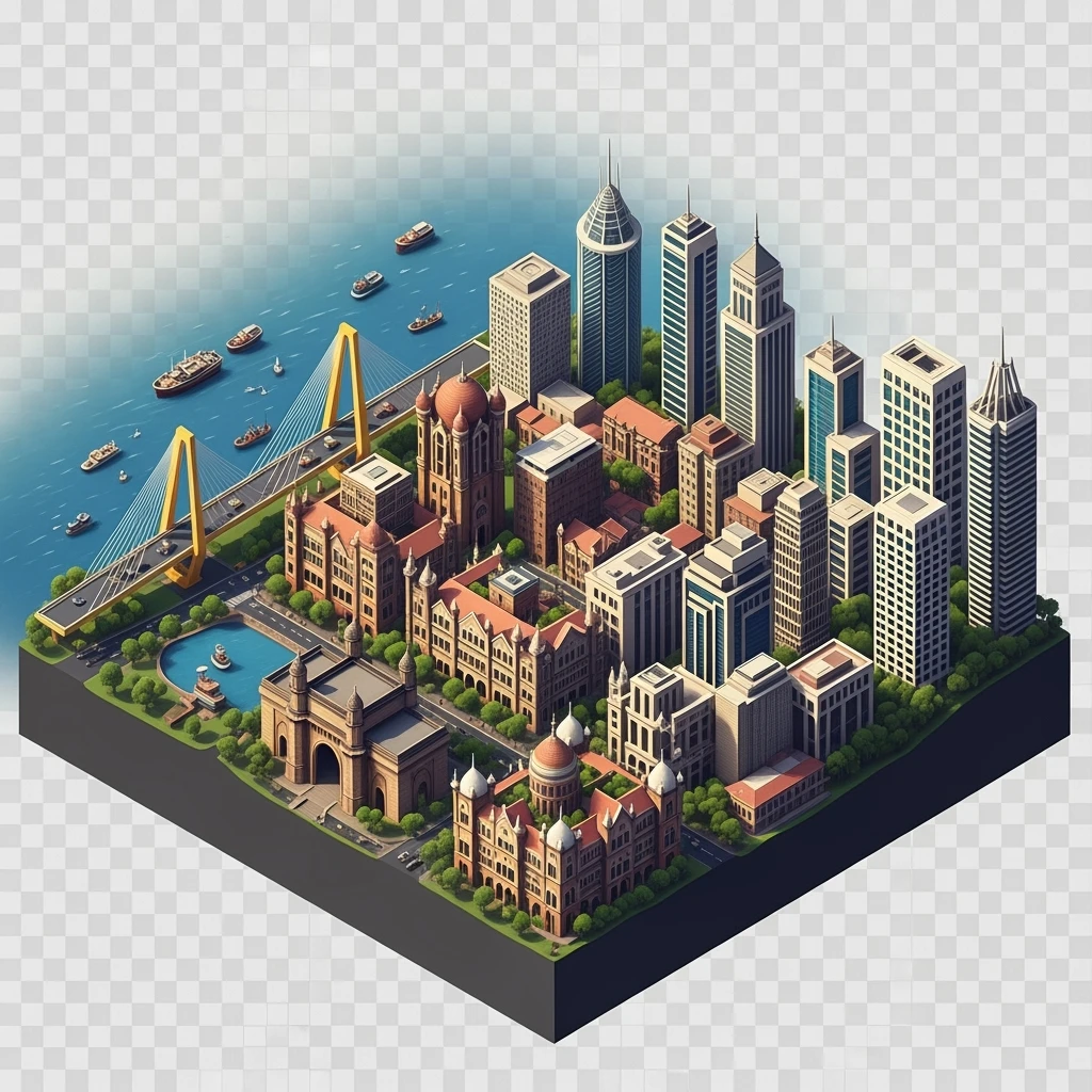 Isometric miniature of Mumbai city, featuring iconic landmarks like Gateway of India, Bandra-Worli Sea Link, Chhatrapati Shivaji Terminus, and skyscrapers, 3D miniature effect and Tilt Shift effect, no cartoonish look, transparent background. emoji